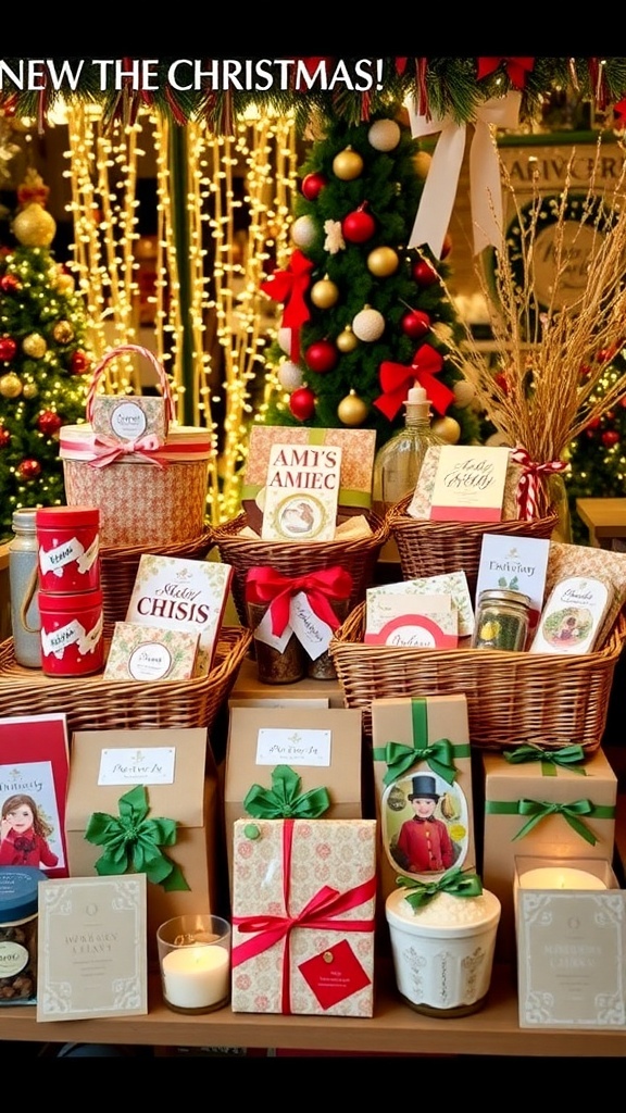 A festive arrangement of Christmas gifts including baskets, jars, and personalized packages, decorated with ribbons and holiday embellishments.